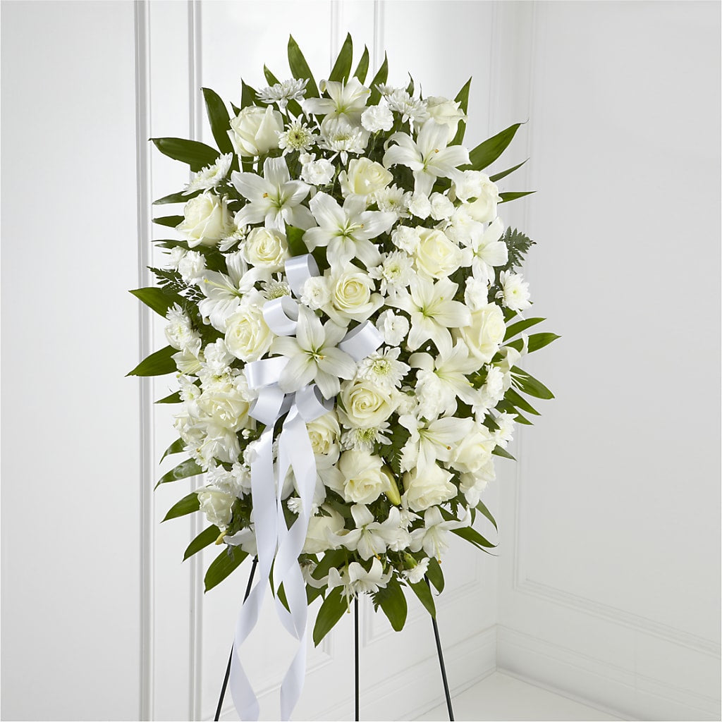 Exquisite Tribute Standing Spray-White Ribbon – ANDREW'S FLOWERS, Beaverton OR